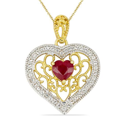 GENUINE GLASS FILLED RUBY GEMSTONE HALO HEART PENDANT IN 925 SILVER